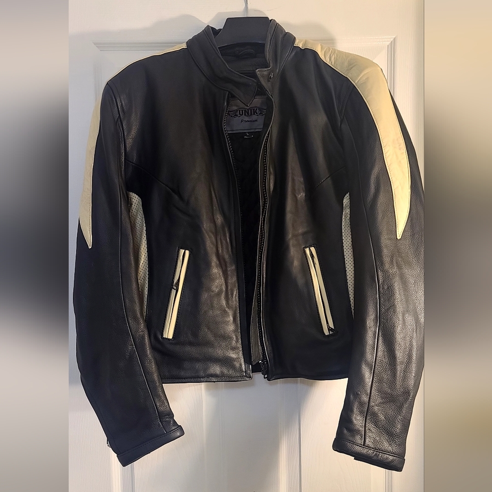 Unik women's genuine leather black and cream moto jacket.
